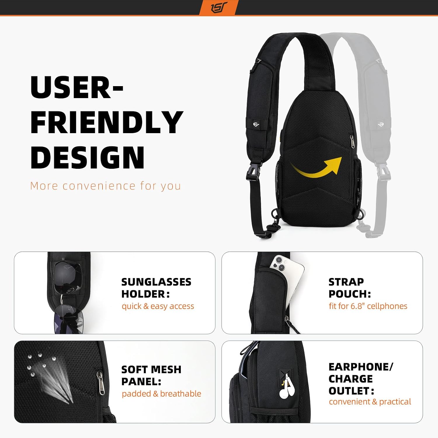SKYSPER Sling Bag RFID Crossbody Sling Backpack Cross Body Shoulder Bag Travel Hiking Daypack for Women Men(Black) - Image 4