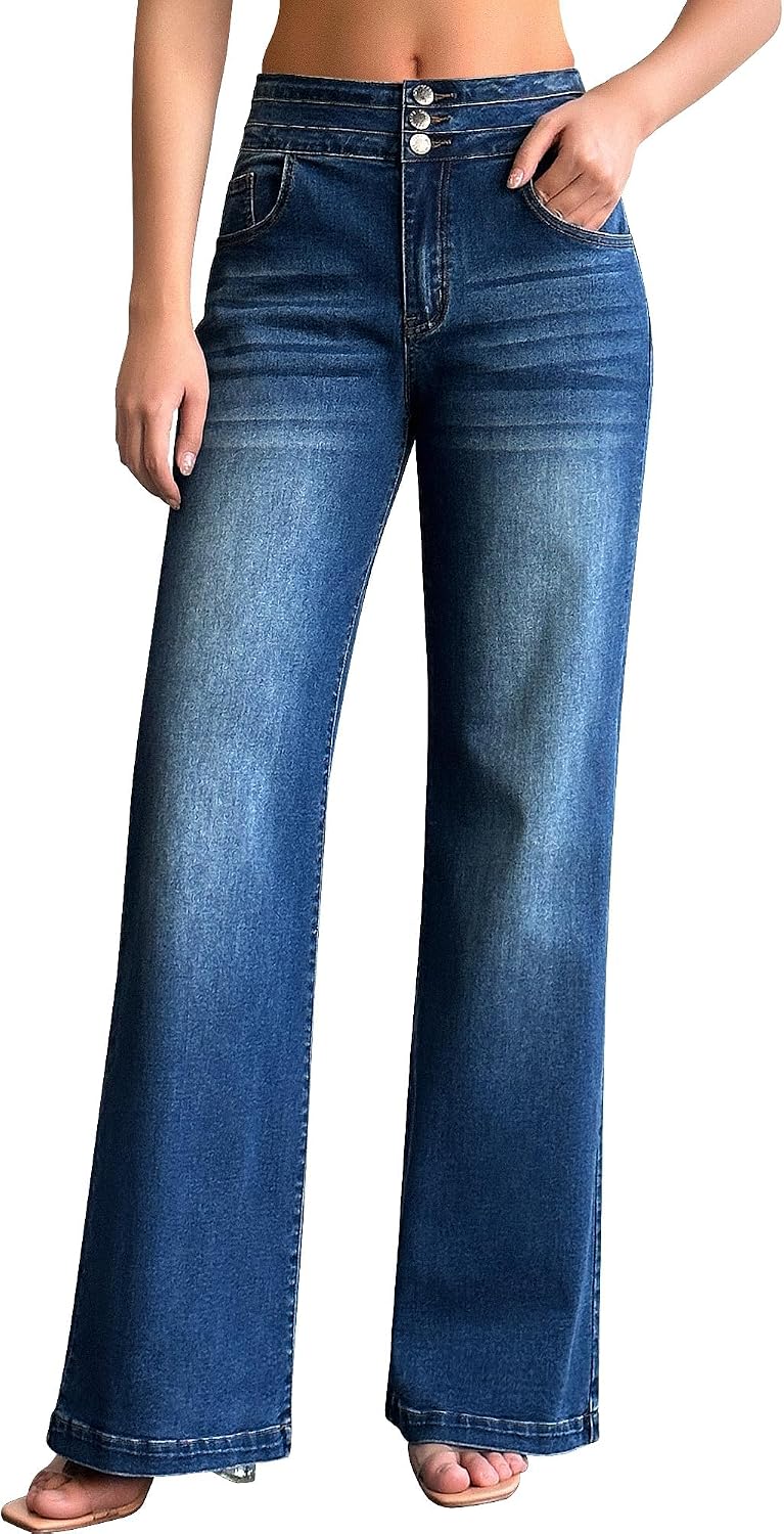 roswear Women's Wide Leg Jeans Casual High Waisted Stretch Baggy Loose Denim Pants