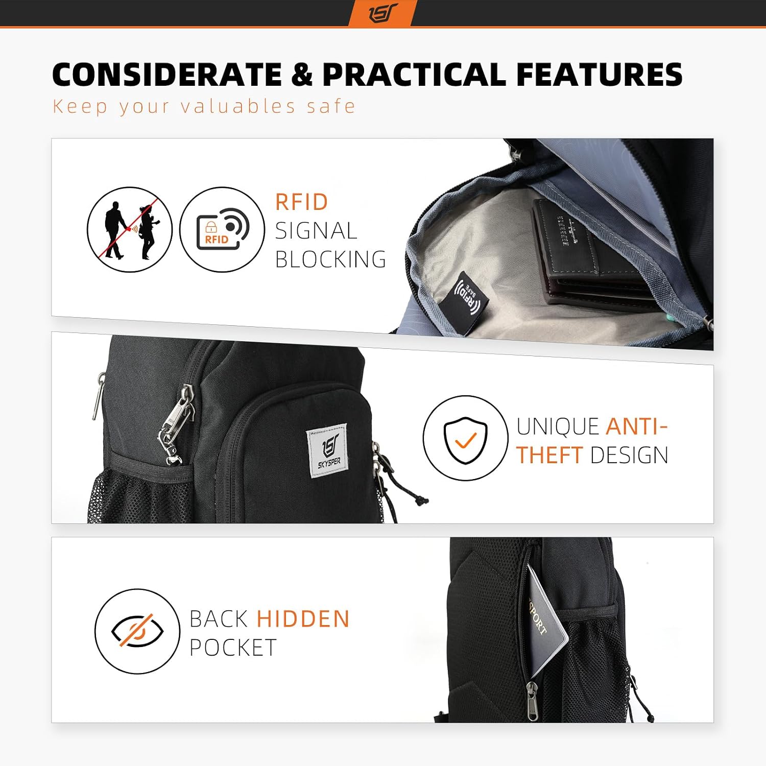 SKYSPER Sling Bag RFID Crossbody Sling Backpack Cross Body Shoulder Bag Travel Hiking Daypack for Women Men(Black) - Image 3