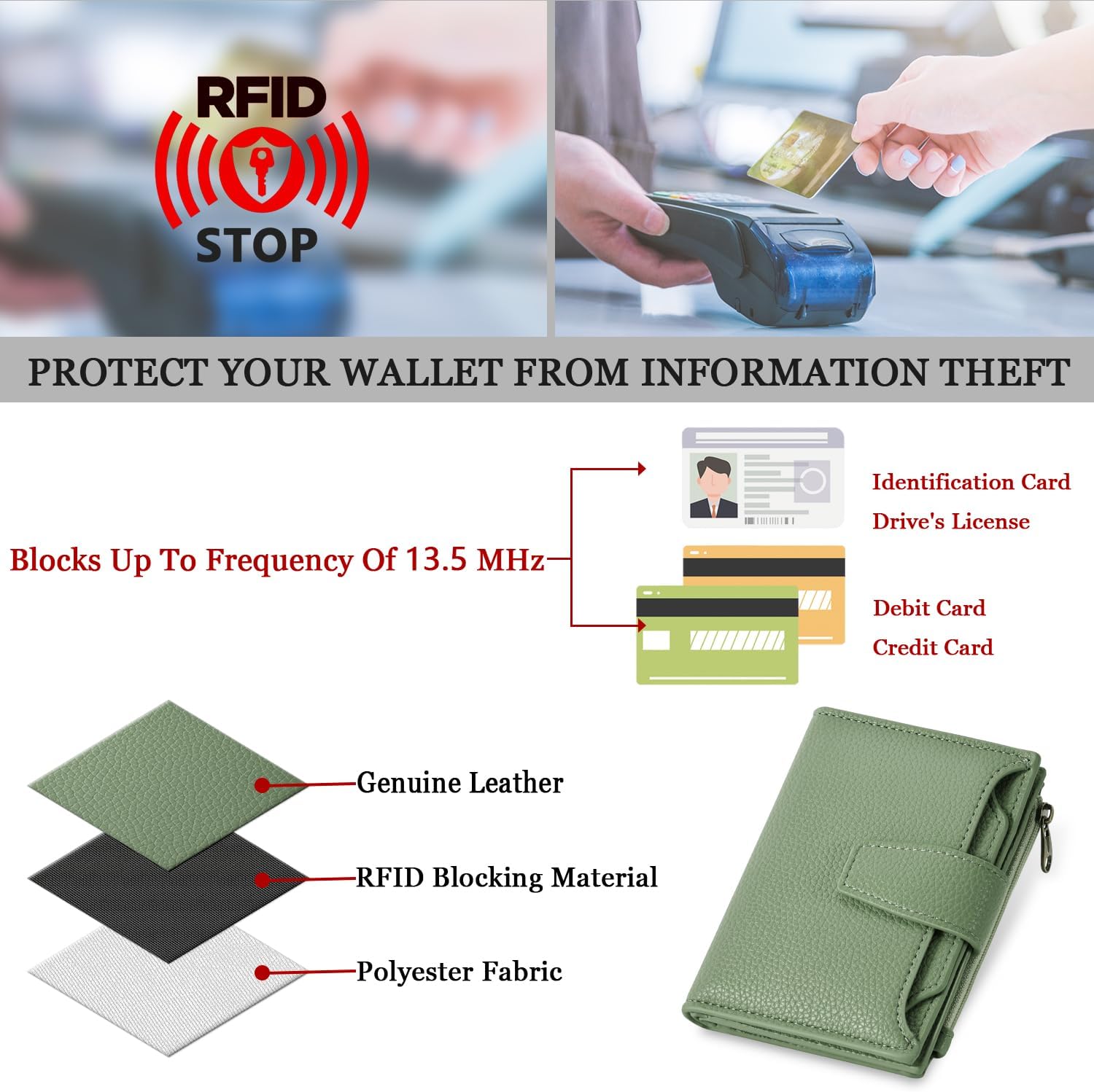 Airkit Small Wallet Women RFID Blocking Soft Leather Bifold Compact Card Holder Wallet for Women with Zipper Coin Pocket 4 ID Window - Image 6