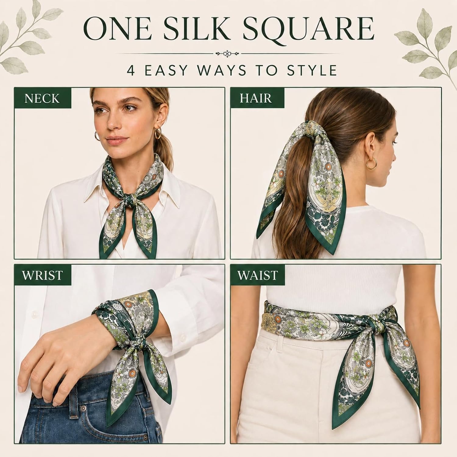 Amyzavls Green Silk Scarf for Women, 100% Mulberry Silk Scarf 21 x 21 Inch - Image 5