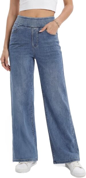 Wide Leg Pull On Jeans Womens High ...