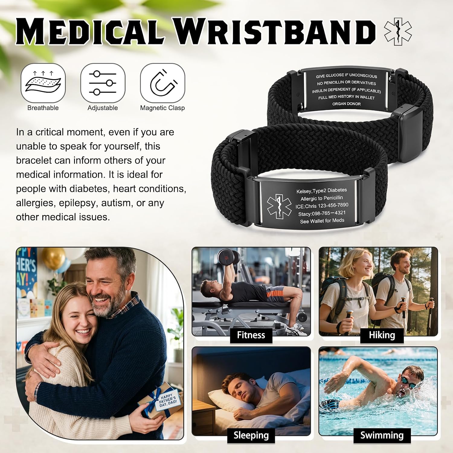 Custom Medical Alert Bracelets for Men Women, Adjustable Emergency ID Band Engraved Medical ID Bracelets for Men Stretchy Elastic Braided Wristband Stainless Steel Tag Medic Info Engraving - Image 9