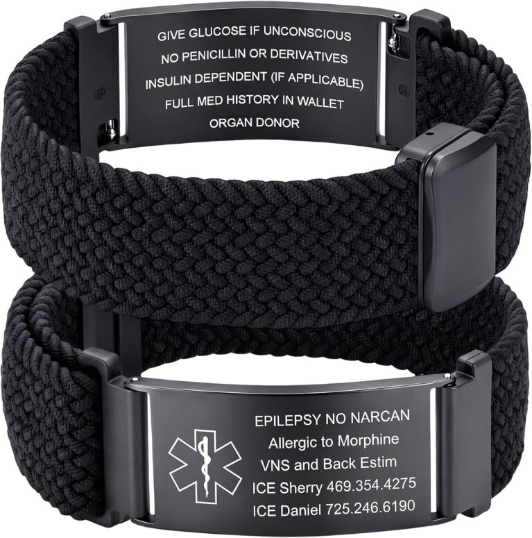 Custom Medical Alert Bracelets for Men Women, Adjustable Emergency ID Band Engraved Medical ID Bracelets for Men Stretchy Elastic Braided Wristband Stainless Steel Tag Medic Info Engraving