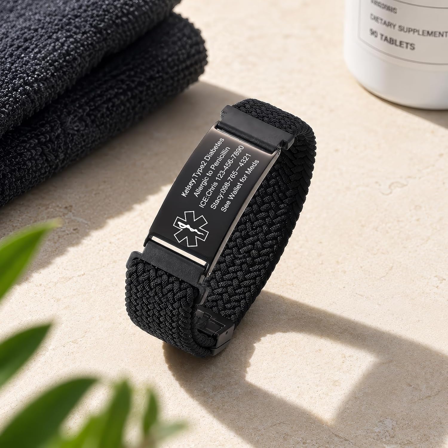Custom Medical Alert Bracelets for Men Women, Adjustable Emergency ID Band Engraved Medical ID Bracelets for Men Stretchy Elastic Braided Wristband Stainless Steel Tag Medic Info Engraving - Image 3