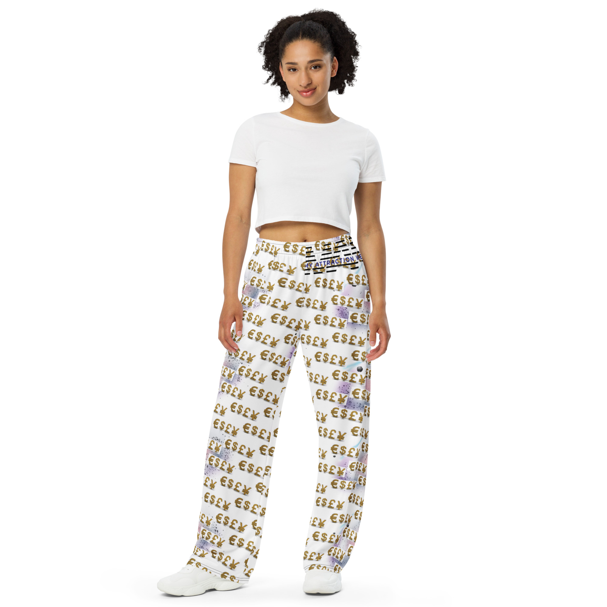Money Energizing Pants. All-over print unisex wide-leg pants