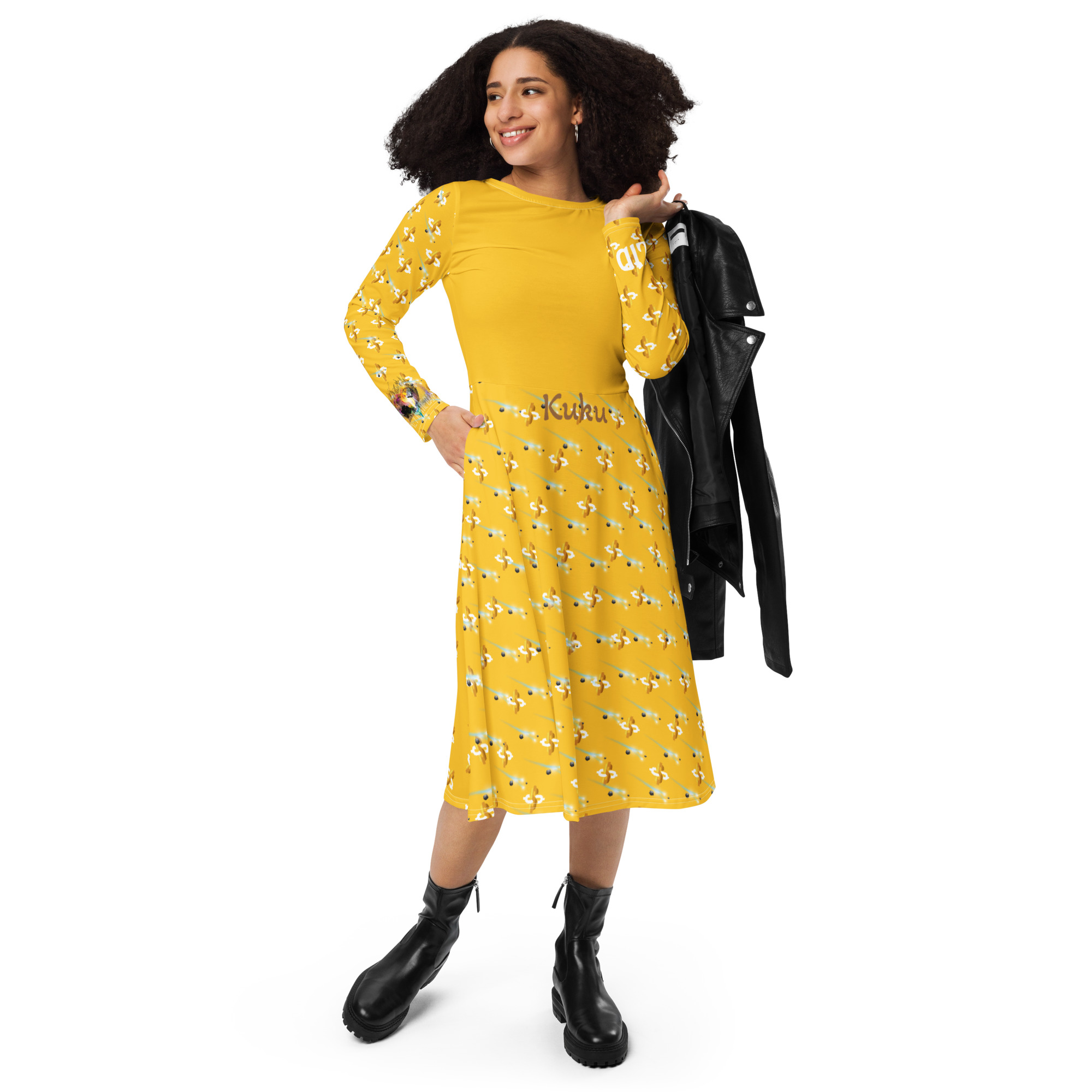 Solid money All-over print long sleeve midi dress
