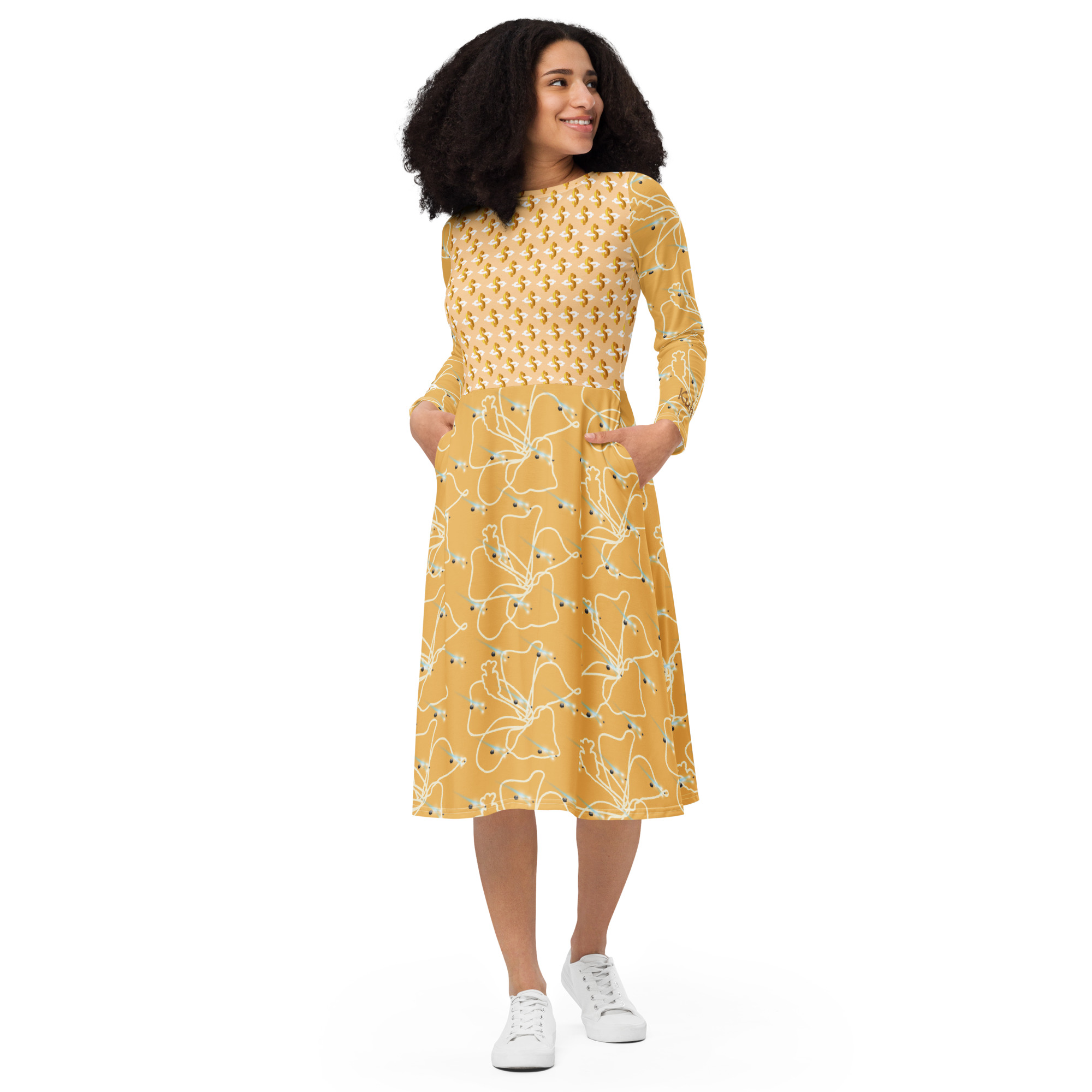 Fowery energy All-over print long sleeve midi dress
